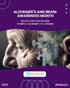 Graphic representation of Alzheimer's & Brain Awareness Month highlighting Alzheimer's research progress