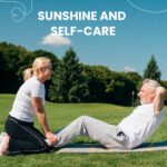wo elderly individuals stretching in the morning sun in a park, embodying the theme of Sunshine and Self-Care