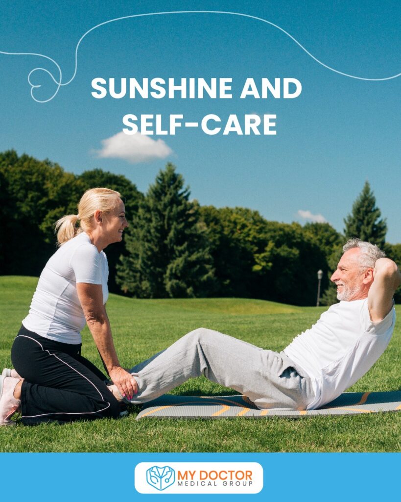 wo elderly individuals stretching in the morning sun in a park, embodying the theme of Sunshine and Self-Care