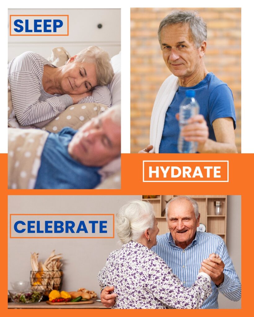 Image depicting the Recovery Trio for the post 4th of July Recovery Plan: Sleep, Hydrate, Celebrate with elderly individuals