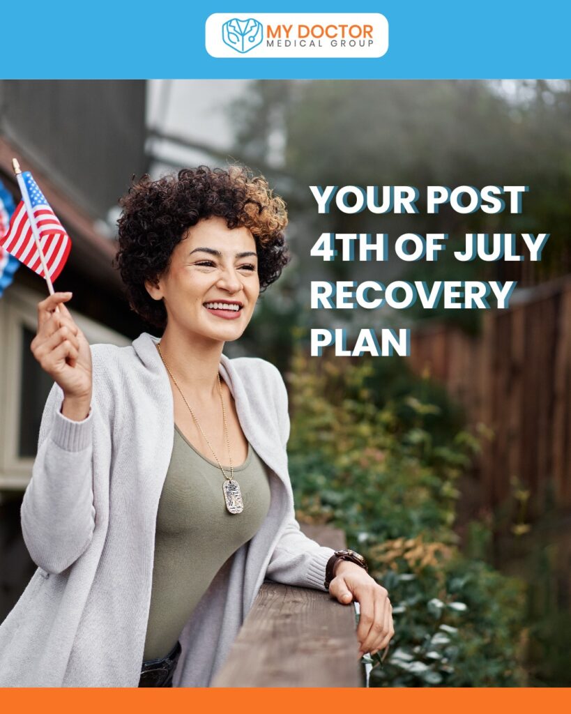 Image depicting a woman waving a USA flag, representing the post 4th of July Recovery Plan