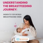 Woman nursing her child during 'World Breastfeeding Week', with 'Understanding the Breastfeeding Journey: Insights for World Breastfeeding Week' text overlay