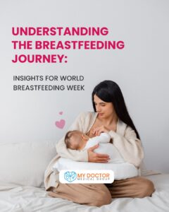 Woman nursing her child during 'World Breastfeeding Week', with 'Understanding the Breastfeeding Journey: Insights for World Breastfeeding Week' text overlay