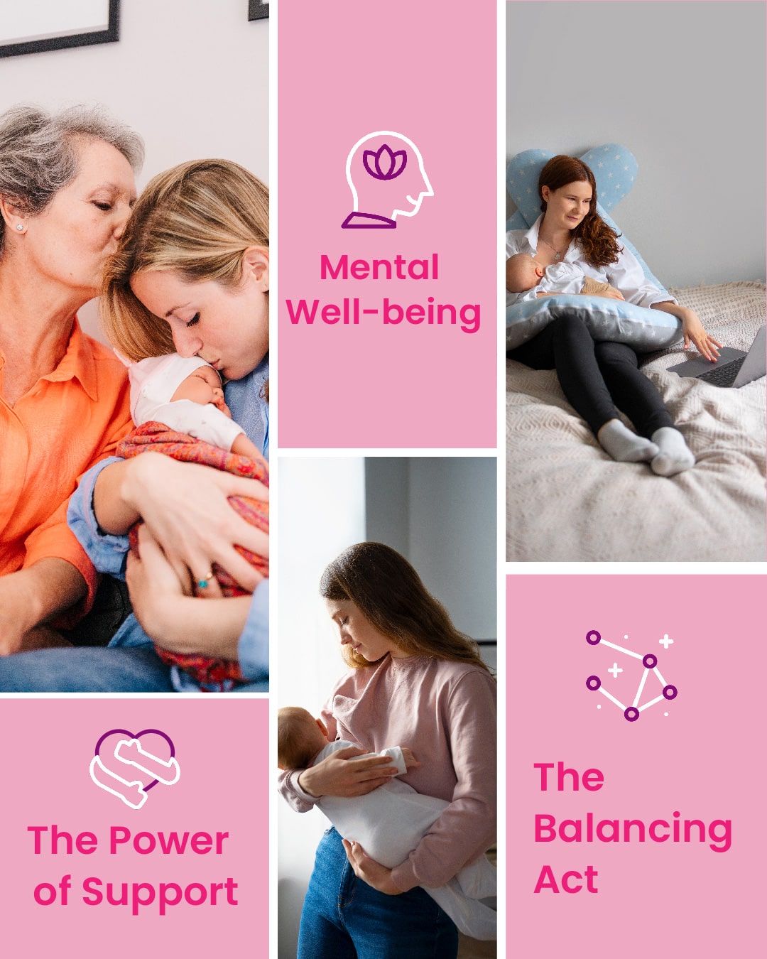 Triptych of mothers holding their babies during 'World Breastfeeding Week', with texts 'The Power of Support', 'Mental Well-being', and 'The Balancing Act'