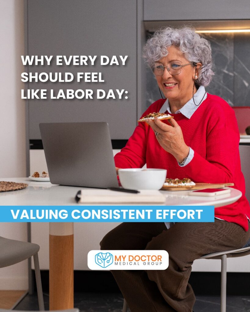 Elderly woman enjoying a snack while working on her laptop, embodying the spirit of Why Every Day Should Feel Like Labor Day: Valuing Consistent Effort