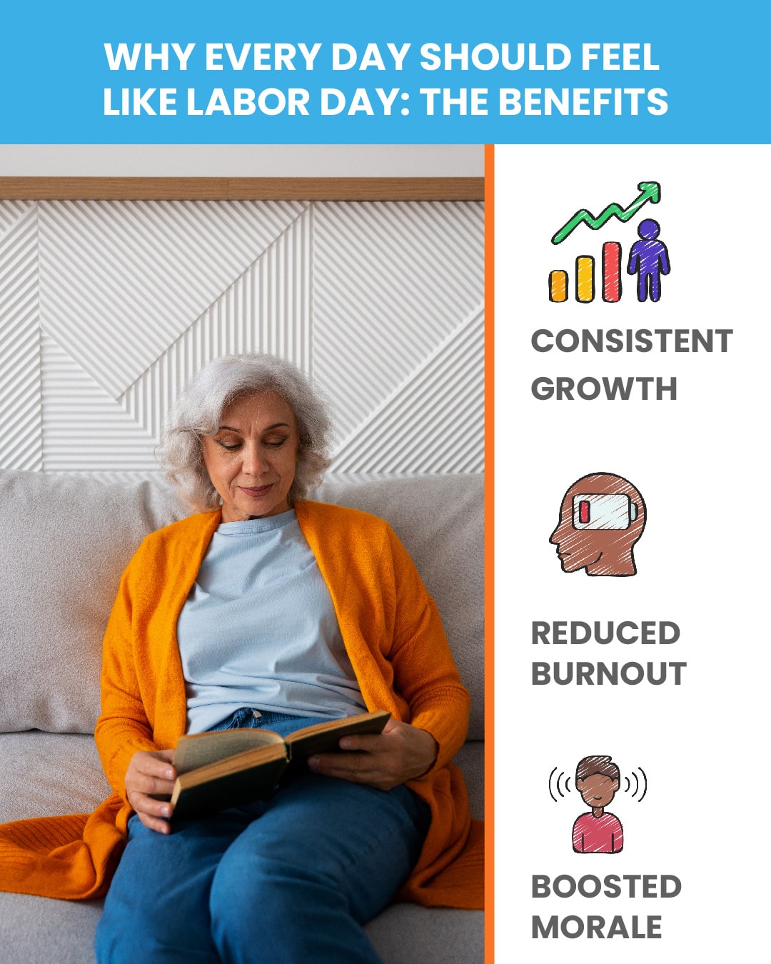 Elderly woman reading a book, with icons for Consistent Growth, Reduced Burnout, and Boosted Morale, illustrating the benefits of Why Every Day Should Feel Like Labor Day