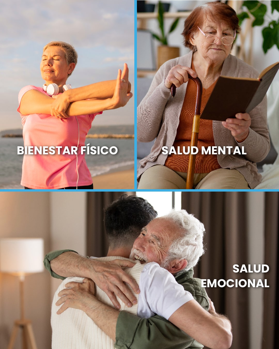 Día Nacional de los Adultos Mayores Imagen compuesta mostrando a ancianos: ejercitándose para 'Bienestar Físico', participando en actividades cognitivas para 'Salud Mental', y compartiendo momentos cálidos para 'Salud Emocional