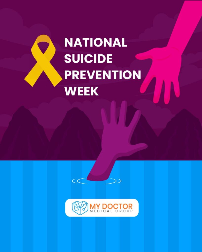 Hand reaching out to save another from drowning with the title 'National Suicide Prevention Week'