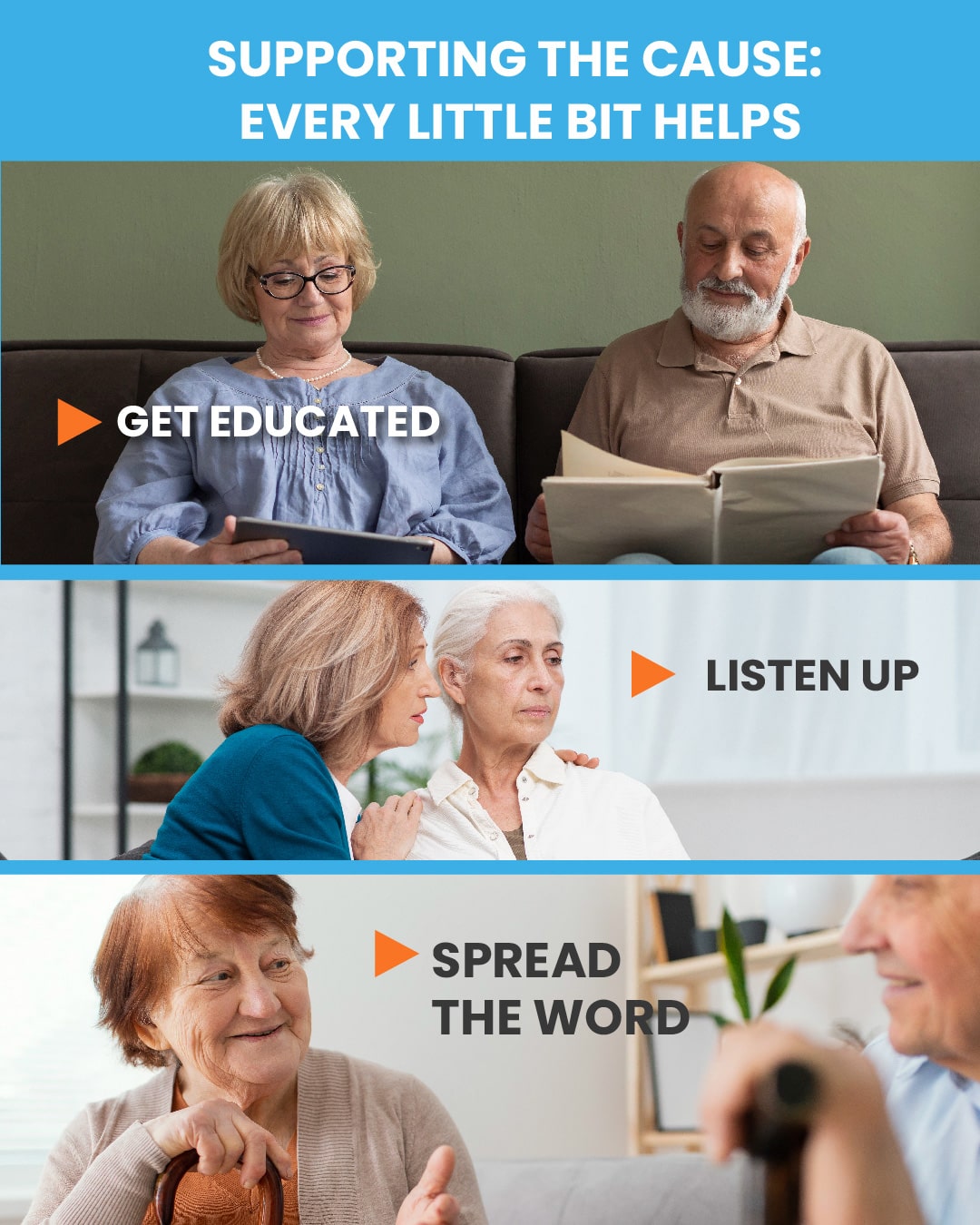 Collage image titled 'Supporting the Cause: Every Little Bit Helps' showcasing three scenes: elderly people reading ('Get Educated'), comforting each other ('Listen Up'), and conversing ('Spread the Word')