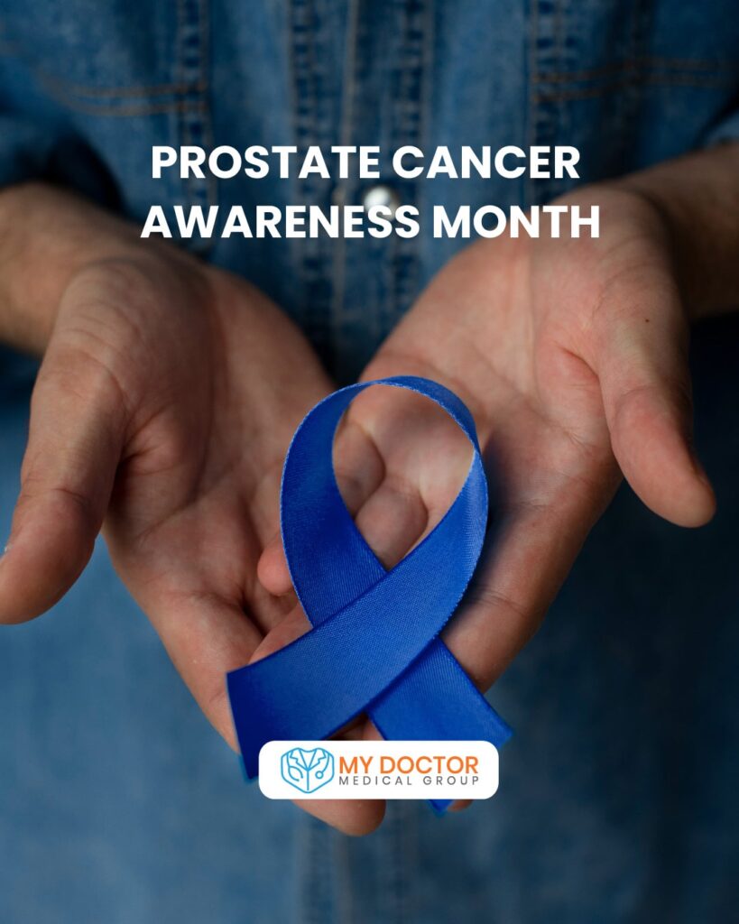 Hands holding a blue ribbon for Prostate Awareness Month