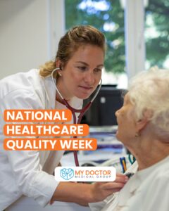 Healthcare professional examining a senior female patient during National Healthcare Quality Week
