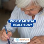 Elderly woman coloring a design with text "WORLD MENTAL HEALTH DAY"