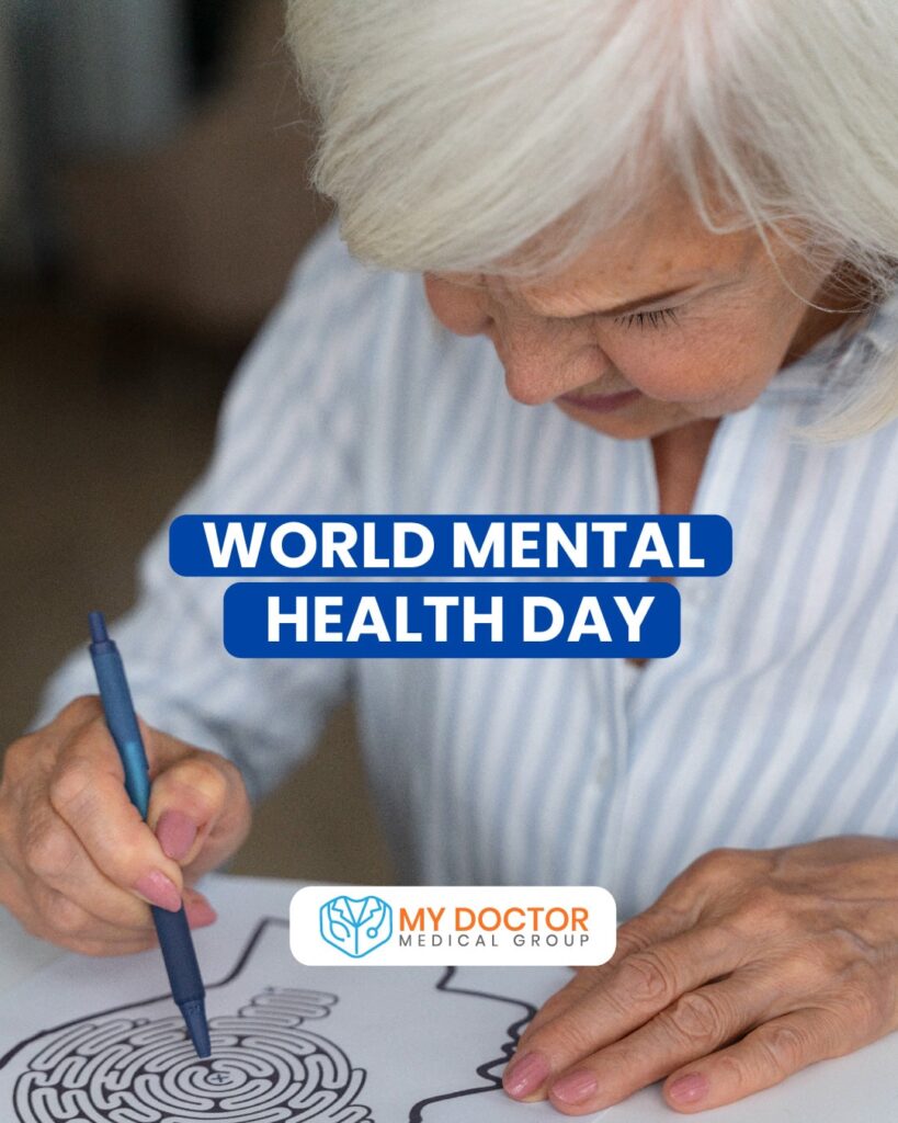Elderly woman coloring a design with text "WORLD MENTAL HEALTH DAY"