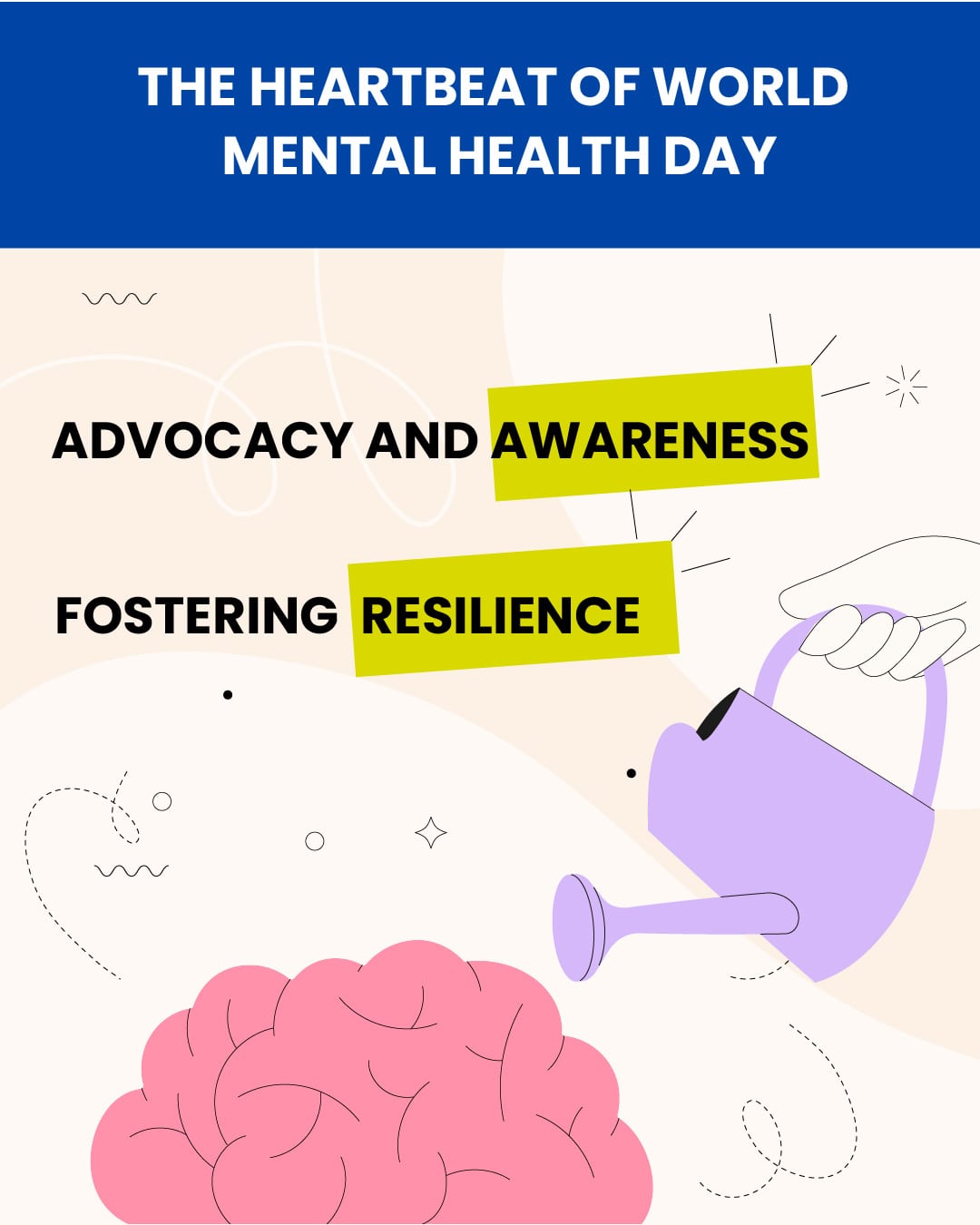 Graphic representation with text "THE HEARTBEAT OF WORLD MENTAL HEALTH DAY", highlighting "ADVOCACY AND AWARENESS" and "FOSTERING RESILIENCE"