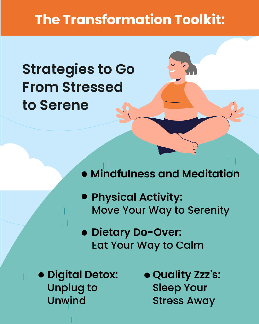 Woman meditating with text "The Transformation Toolkit: Strategies to Go From Stressed to Serene" listing mindfulness, physical activity, dietary changes, digital detox, and sleep