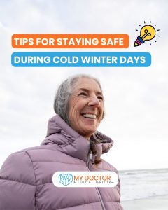 Older woman smiling outdoors in a winter jacket with text overlay - Tips for Staying Safe During Cold Winter Days