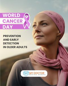 Woman wearing a pink headscarf looking into the distance with the message 'World Cancer Day' and the My Doctor Medical Group logo