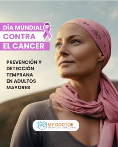 Mujer con pañuelo rosa mirando al horizonte con el mensaje 'Día Mundial Contra el Cáncer' y el logo de My Doctor Medical Group